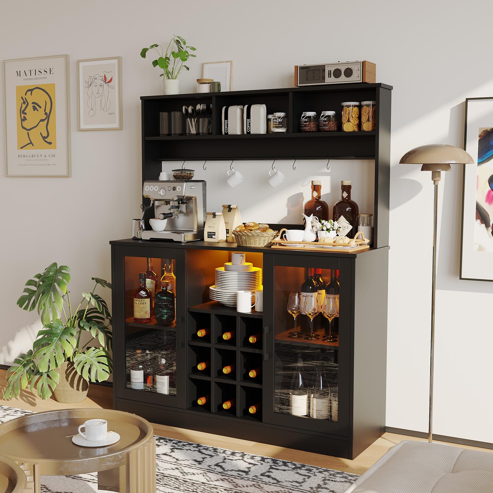 Modern Black LED Bar Cabinet with Wine & Glass Rack - Coffee Liquor Storage Sideboard for Kitchen & Dining Room - Buffet Server with Shelves for Home Bar & Entertainment Areas