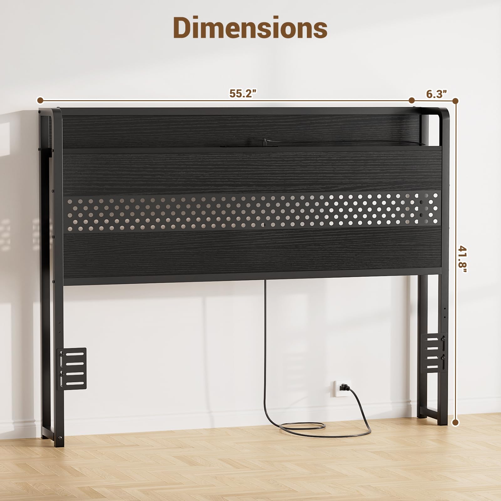 Aheaplus Full Size Headboard with USB Ports, Power Outlets & LED Lights - Adjustable Height, Storage Shelf, Sturdy Metal Frame - Perfect for Bedroom, Dorm, Guest Room (Black)