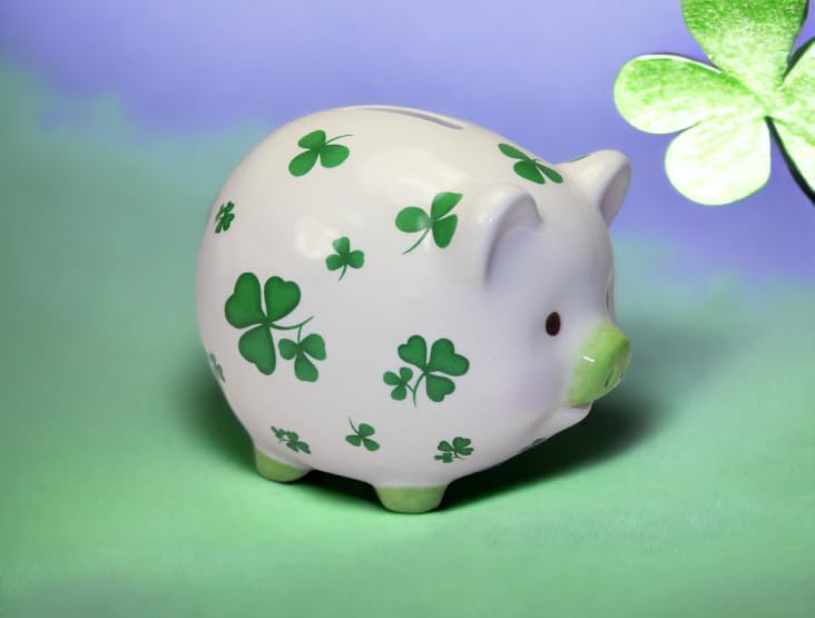 Shamrock Piggy Bank - Green Ceramic Money Bank for Kids & Adults - Perfect for St. Patrick's Day Gifts & Savings Goals (20894)