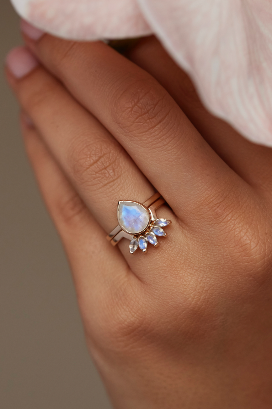 9K Yellow Gold Double Stack Moonstone Halo Ring for Women - Elegant Stackable Jewelry for Everyday Wear & Special Occasions