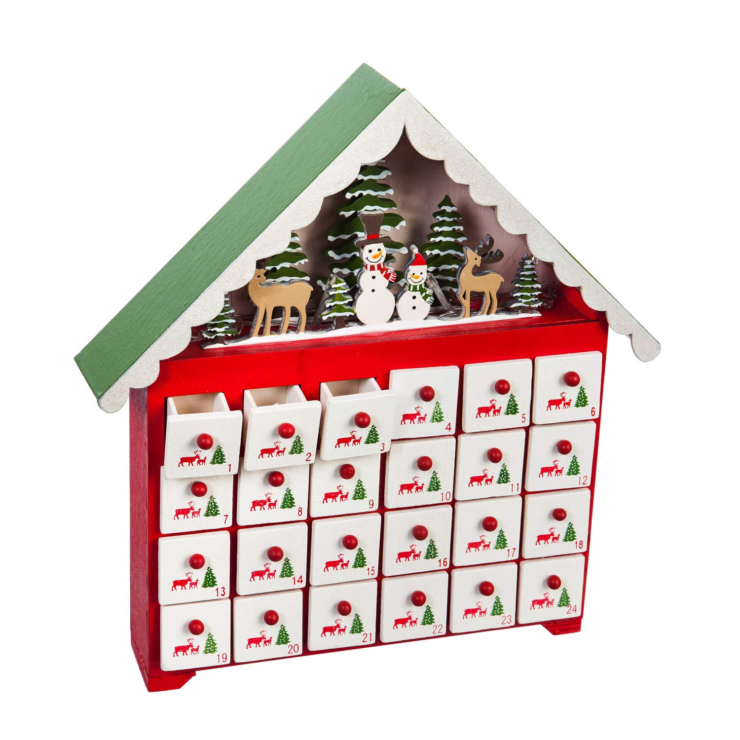 Cypress Home Christmas LED Illuminated Wooden Advent Calendar with 24 Drawers - 12 Inch Holiday Countdown Decor for Home, Office & Gift Giving