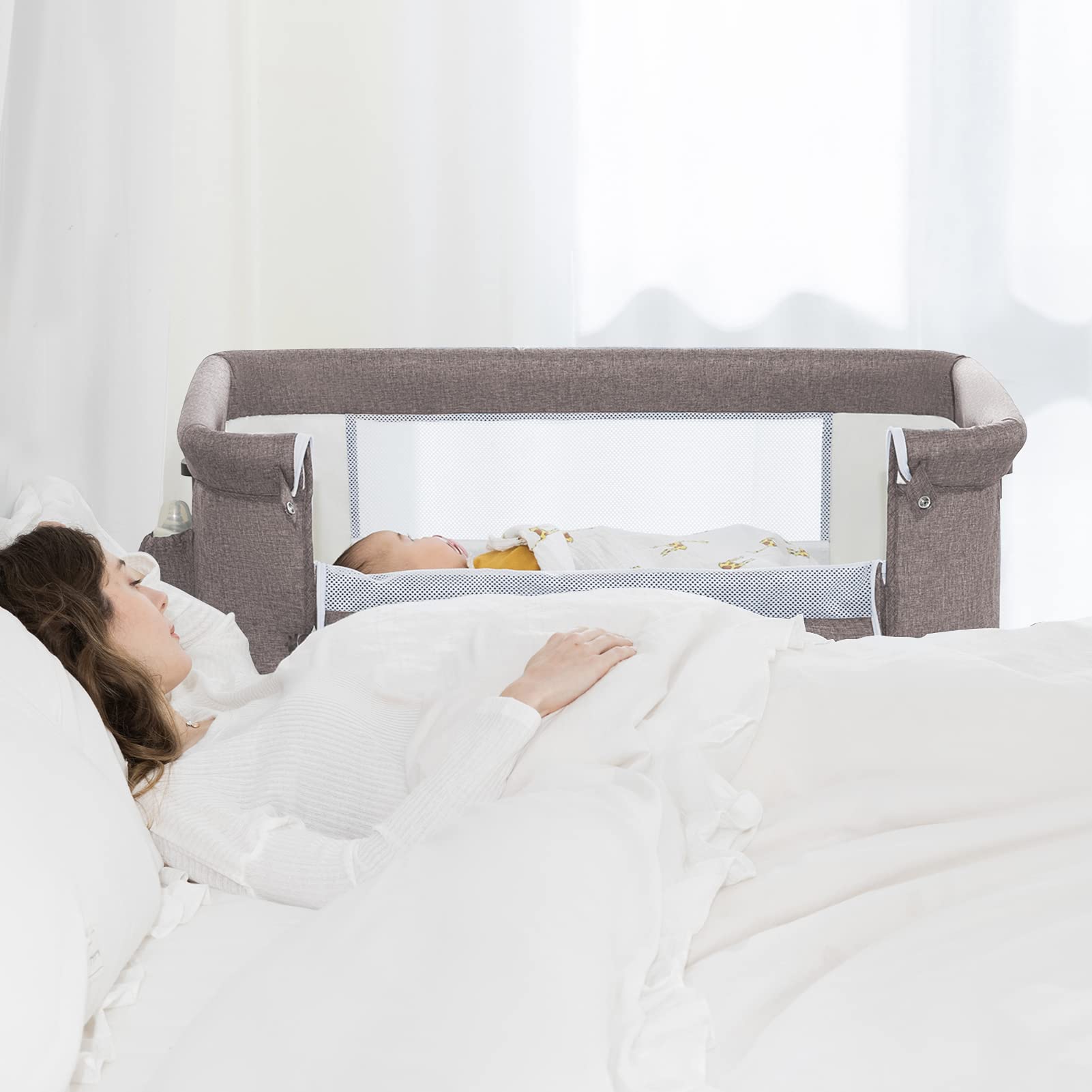 iHoming Portable Baby Bassinet Bedside Sleeper - Adjustable Newborn Crib with Storage Basket & Easy Folding Design - Perfect for Nursery, Bedroom & Travel (Khaki)
