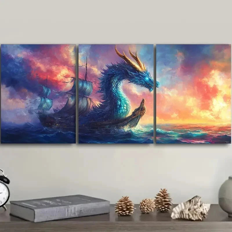 3-Piece Blue Dragon on Boat Art Deco Metal Wall Art - Ready to Hang Home Decor for Living Room, Bedroom, Office (16x24 Inches)