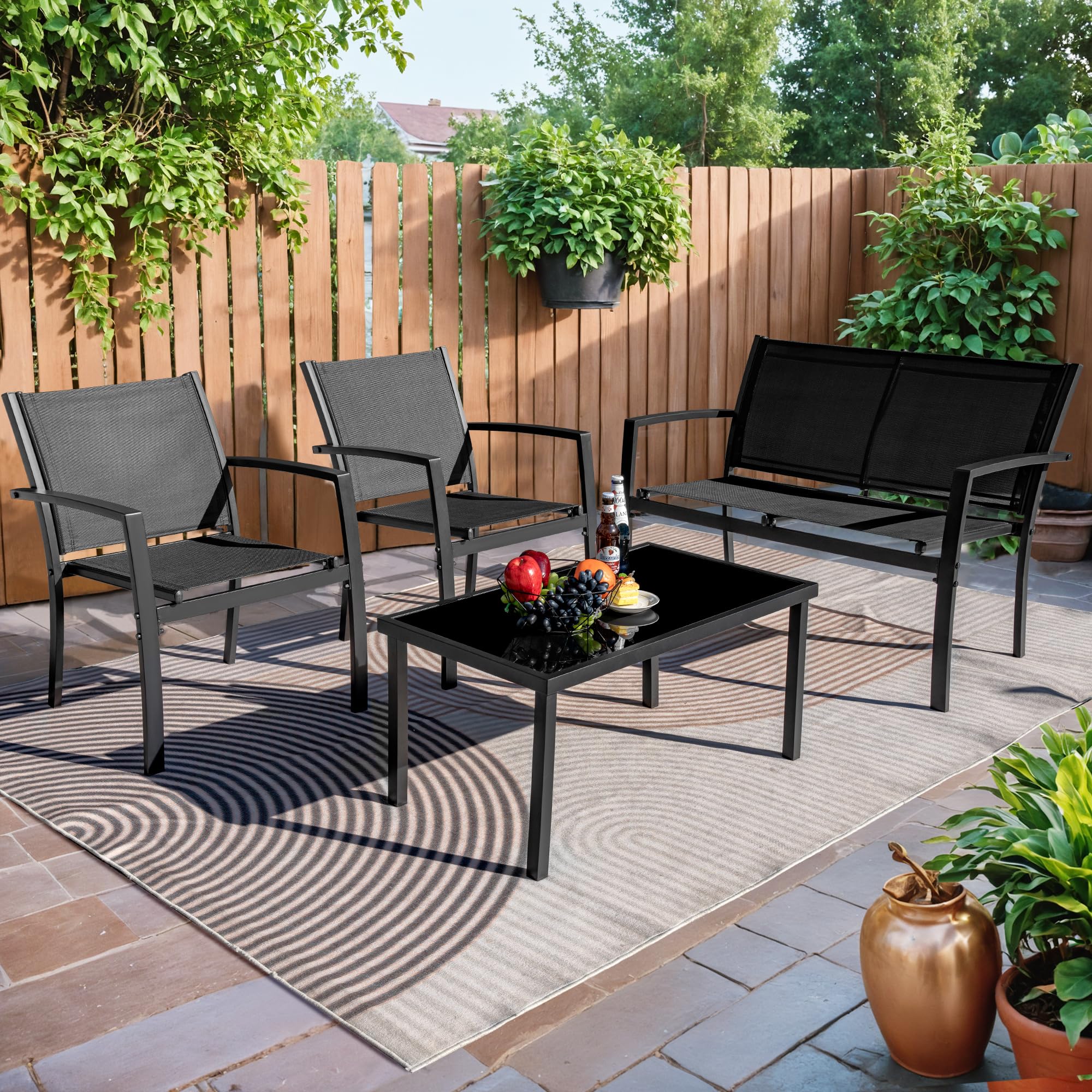 Rankok 4-Piece Modern Outdoor Patio Furniture Set - Textilene Conversation Set with Loveseat & Coffee Table - Black Patio Chairs for Porch, Lawn, Poolside & Balcony - Perfect for Backyard Relaxation & Outdoor Entertaining