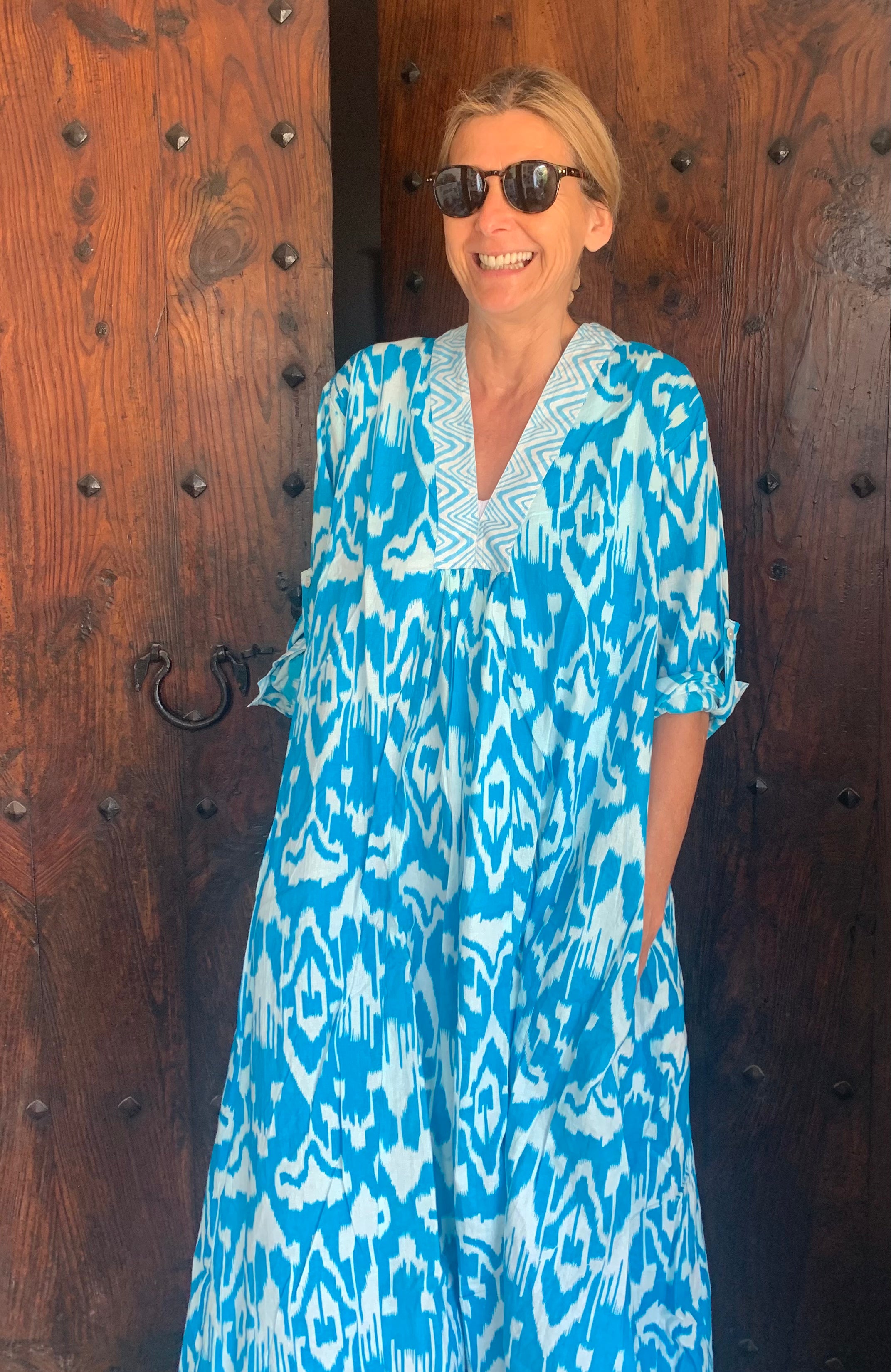 Bohemian Ikat Kaftan Dress - Turquoise Blue Flowy Beach Cover Up for Women | Perfect for Ibiza Vacations, Pool Parties & Summer Getaways