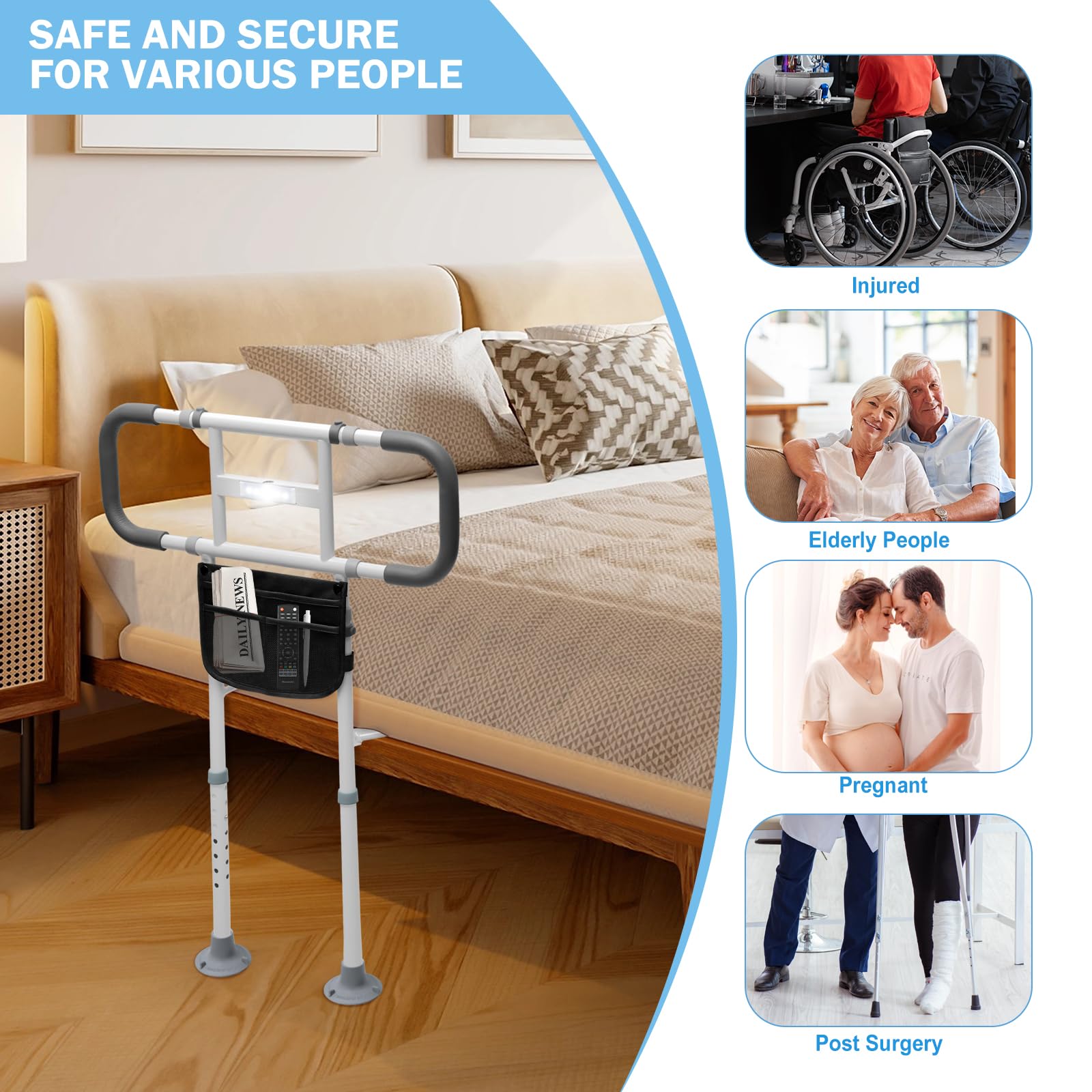 **Adjustable Bed Rails for Elderly Adults – Safety Bed Handle with Motion Light & Storage Pouch – Support Legs for Seniors – Universal Fit for Any Bed – Ideal for Home Care & Fall Prevention**