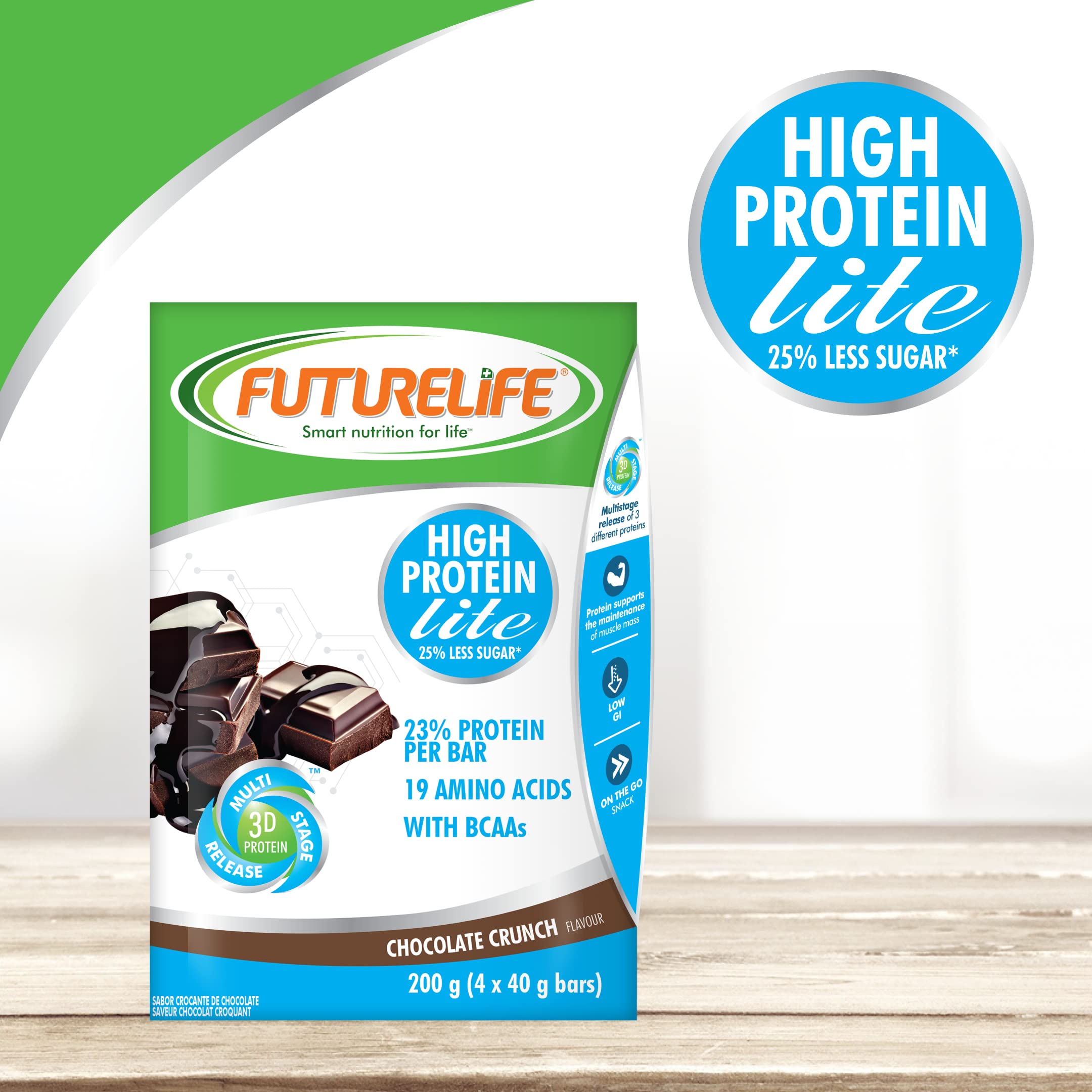 FUTURELIFE Smart Protein Bars - High Protein & Lite Snack, 50g/1.76oz per Bar, 25% Protein, 19 Amino Acids, Slow Release Energy, Low GI (Chocolate Flavor, Pack of 4) - Perfect for Workouts, Hiking & Healthy On-the-Go Snacking