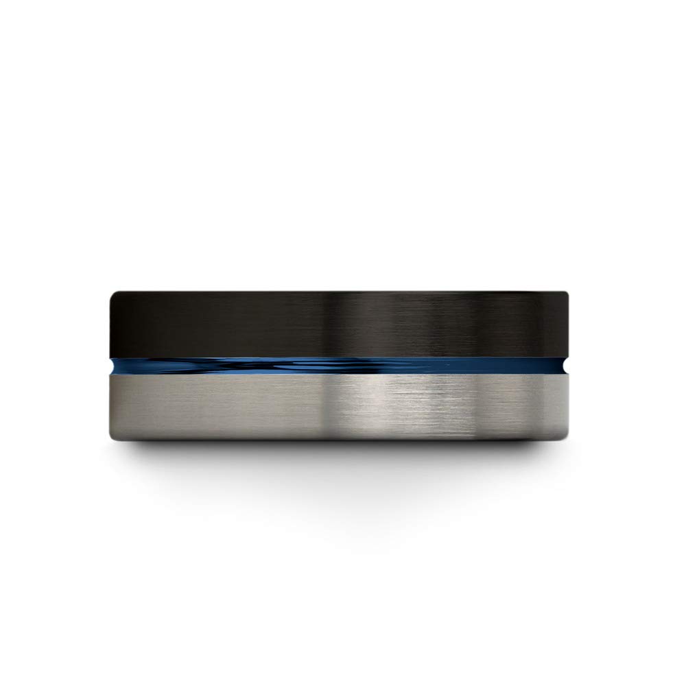 Tungsten Carbide Wedding Band Ring 8mm - Blue Black Center Line Flat Cut for Men & Women - Half Brushed Polished Finish - Custom Engraved Anniversary & Engagement Ring - Perfect for Weddings, Proposals & Special Occasions
