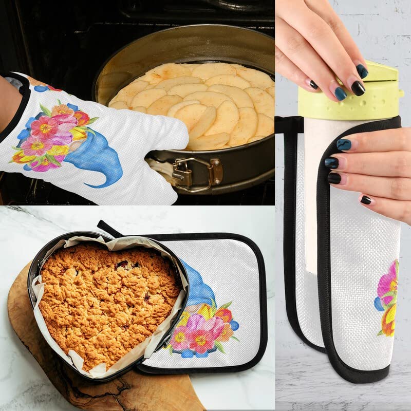 Mother's Day Tulips Gnome Oven Mitts & Pot Holders Set - 2PCS Heat Resistant Kitchen Gloves with Soft Cotton Lining - Non-Slip Baking, Cooking & BBQ Accessories for Spring Summer Floral Decor