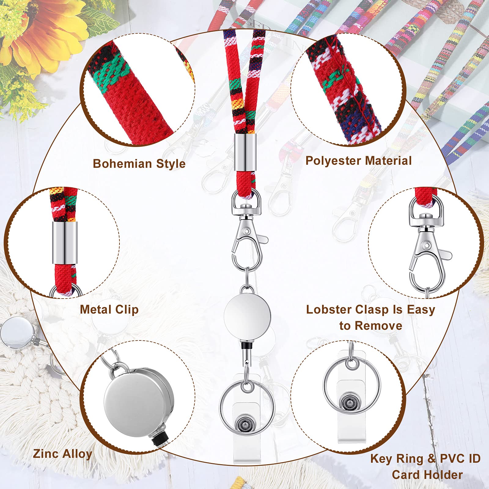 6 Pcs Boho Lanyards with Retractable Reels - Colorful ID Badge Holders for Work & Events