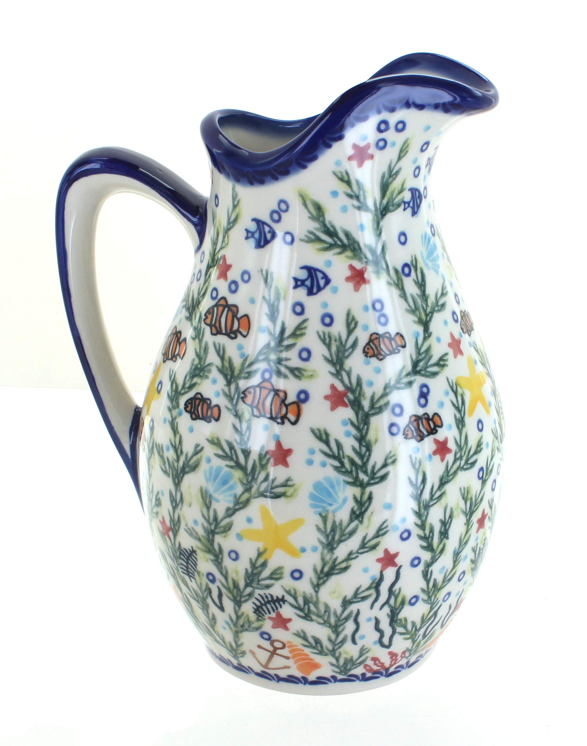 Handmade Blue Rose Polish Pottery Atlantis Pitcher - Traditional Ceramic Water Pitcher for Home Decor, Kitchen & Dining Table - Perfect for Serving Beverages, Displaying Flowers, or as a Unique Gift