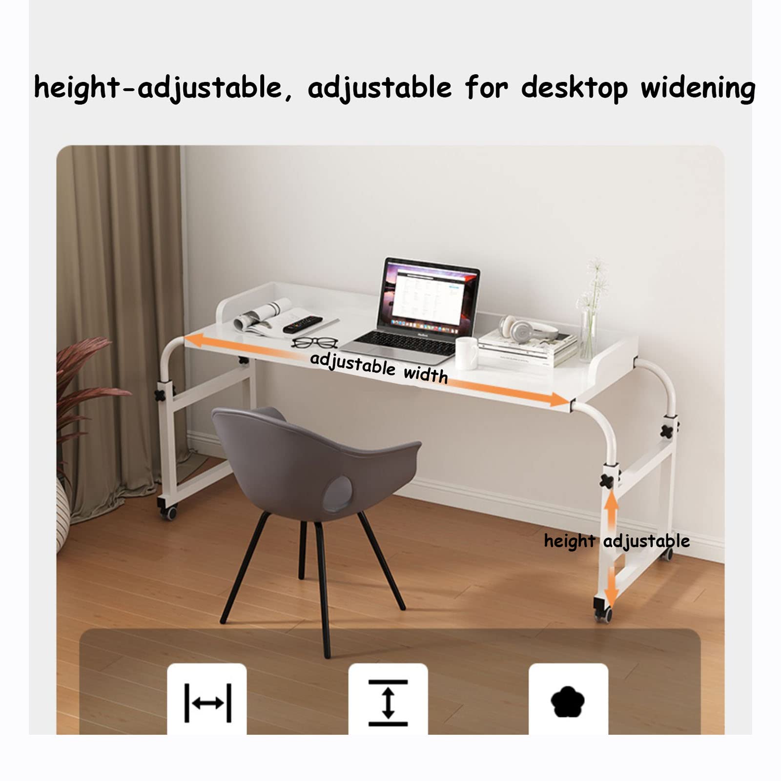 Adjustable Rolling Overbed Table - Extendable Height & Length Mobile Laptop Desk for Home Office, Hospital & Bedroom Use - White 140cm Computer Workstation with Wheels