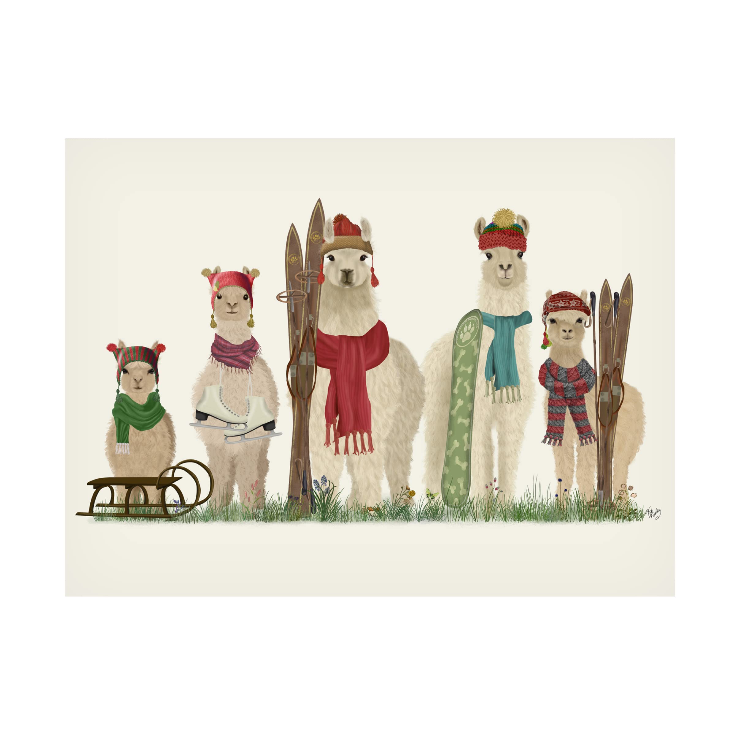 Fab Funky 'Llama Family Winter Sports' Canvas Wall Art Print - Perfect for Nursery, Kids Room Decor & Winter Themed Home Decor