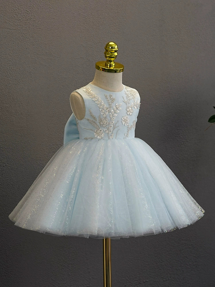 Elegant A-Line Round Neck Tea-Length Tulle Flower Girl Dress in Blue - Perfect for Weddings, Parties & Special Occasions