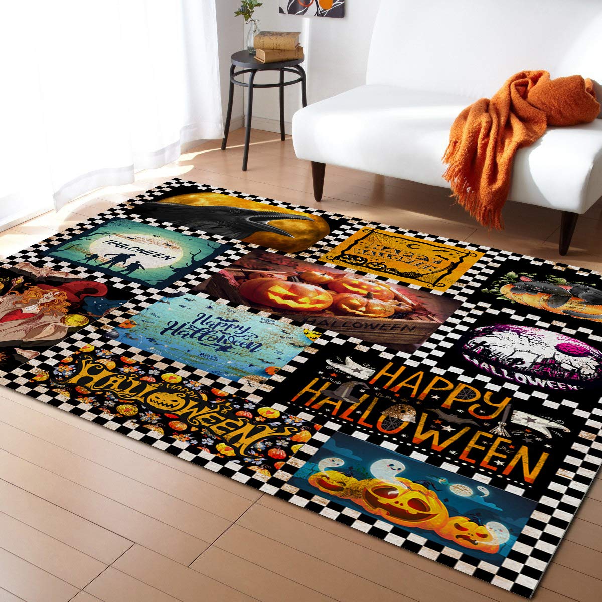 Halloween Checkered Non-Slip Area Rug - 3'x5' Witch Pumpkin Raven Design Bathroom & Kitchen Runner Mat for Bedroom, Living Room, Kids Room | Perfect for Spooky Home Decor & Seasonal Floor Protection
