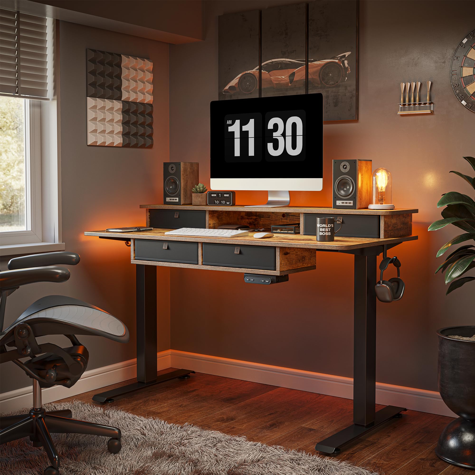 FEZIBO 48 x 24 Inch Electric Height Adjustable Standing Desk with 4 Drawers & Storage Shelf | Sit Stand Workstation with Splice Board | Black Frame & Rustic Brown Top | Perfect for Home Office, Gaming & Workspace Ergonomics