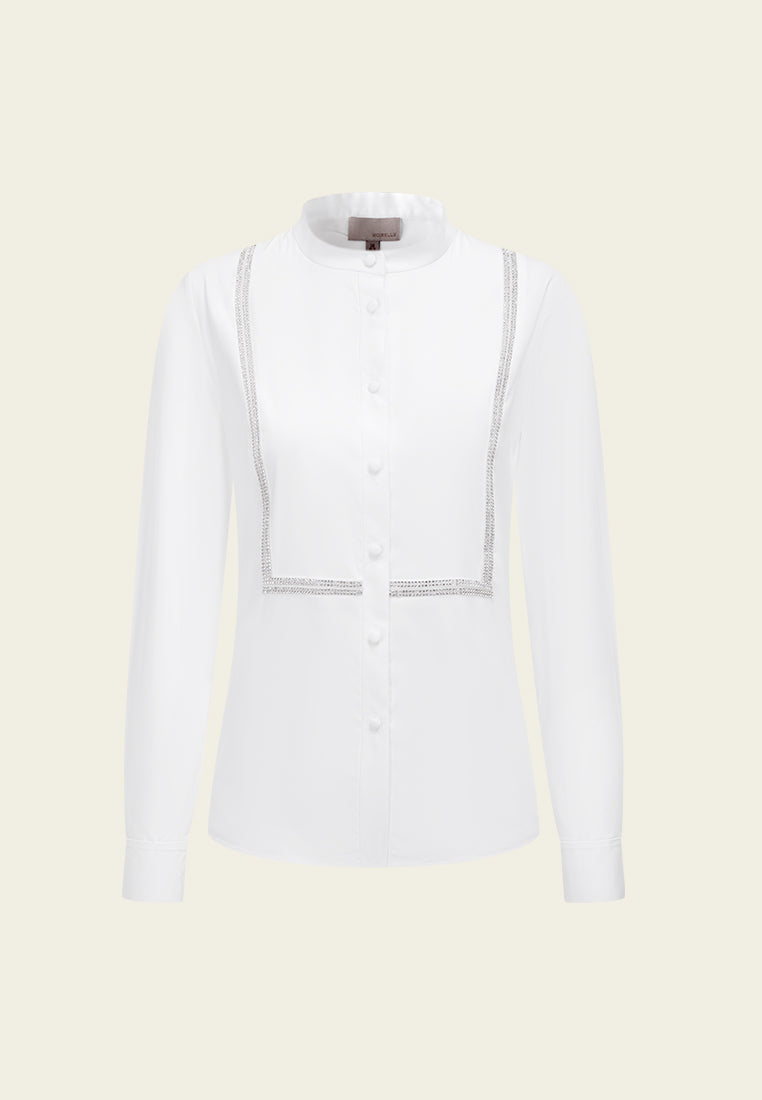 Elegant Stand Collar Crystal Detail Slim Fit Shirt for Women - Perfect for Office, Party & Formal Occasions