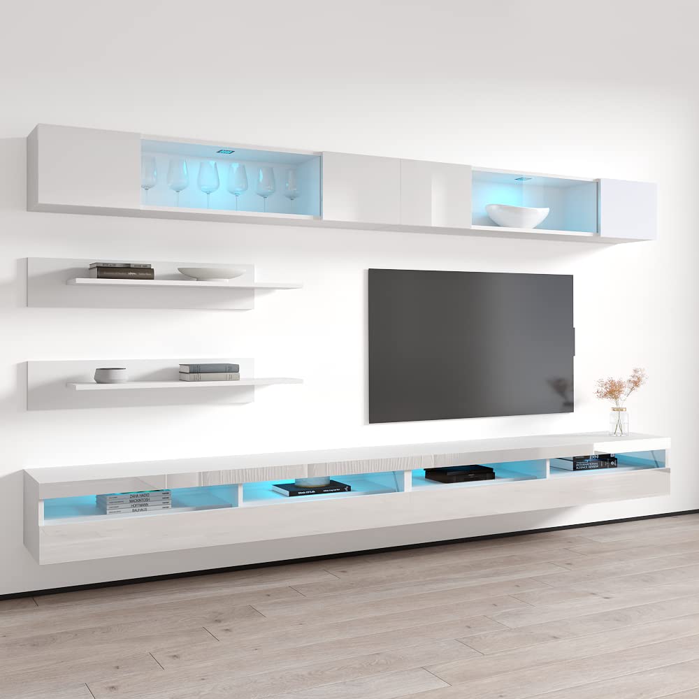 Modern Floating TV Stand with Storage & LED Lights - Wall-Mounted Entertainment Center for Living Room & Bedroom - White I3 35TV Console with Shelves - Perfect for Small Spaces & Home Theater Setup