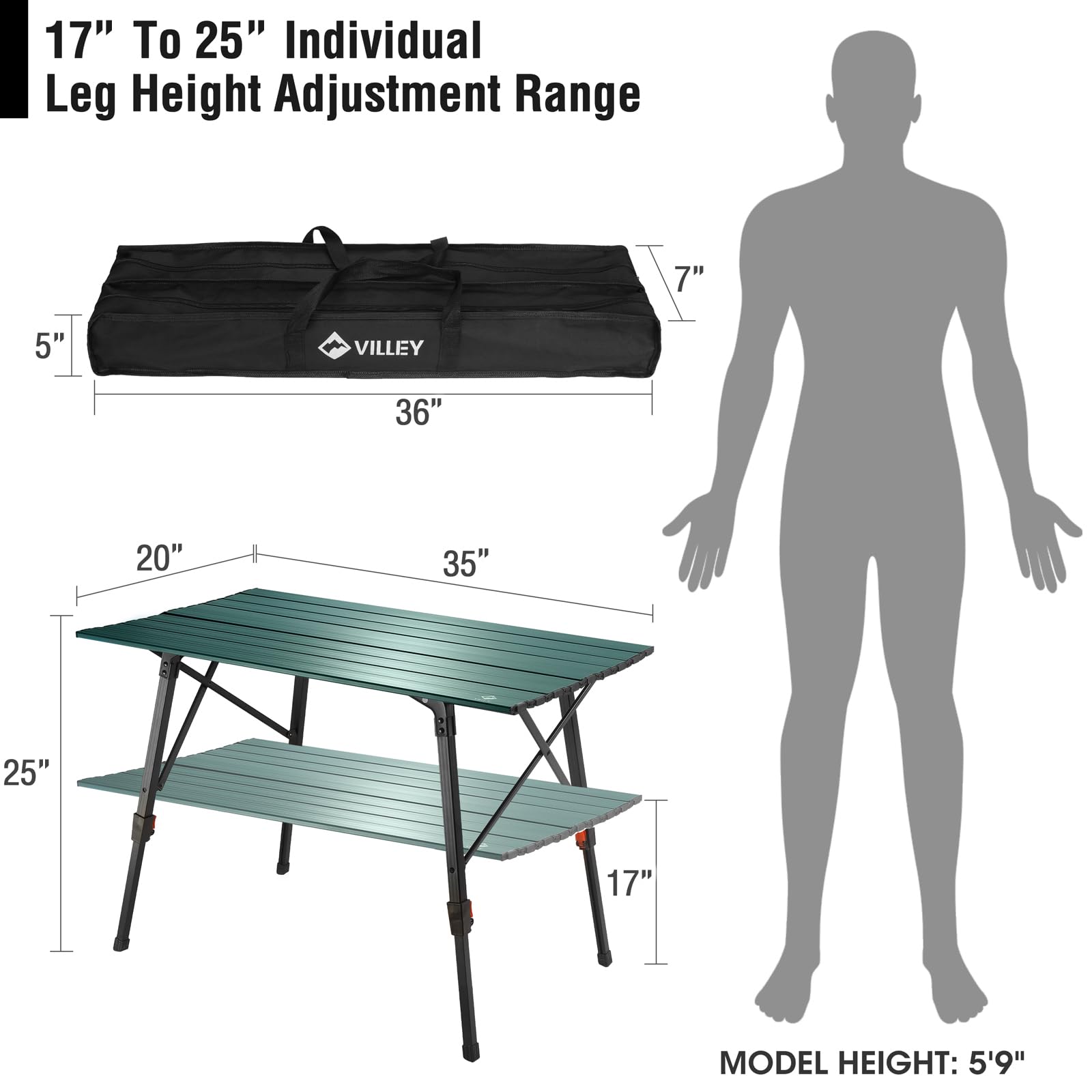 VILLEY Adjustable Height Portable Camping Table - Lightweight Aluminum Folding Table with Carrying Bag for Outdoor Cooking, Picnic, Beach, Backyard, BBQ & Party - Perfect for Camping Trips, Tailgating and Beach Outings