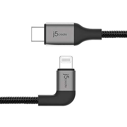 J5Create USB C to Lightning Cable 4ft - MFi Certified Right Angle Braided Charging Cord for iPhone 12/11/X/8, iPad & AirPods Pro | Fast Charging, Durable Design | Perfect for Home, Office & Travel (Black)