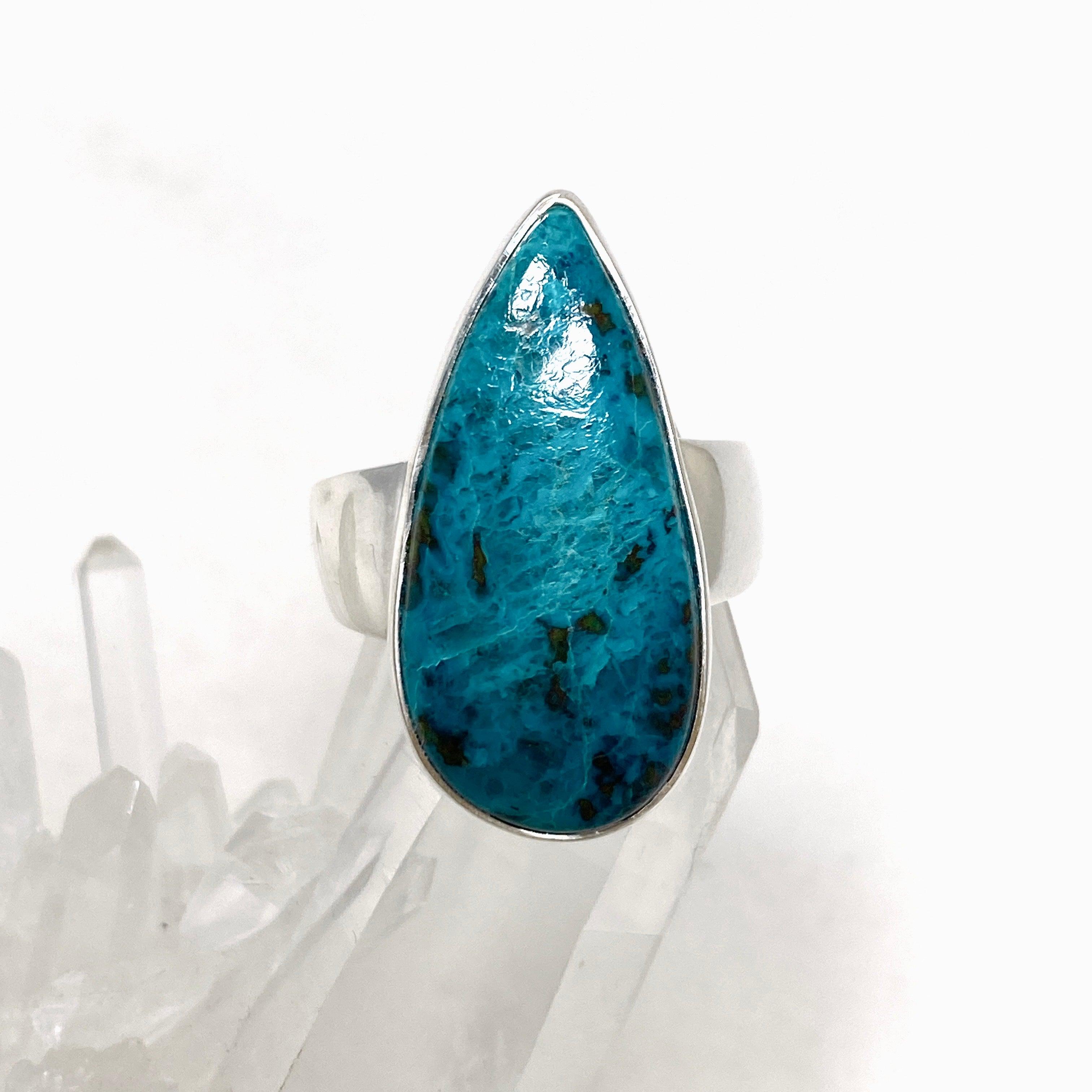 Chrysocolla and Shattuckite Teardrop Ring - Size 10 Sterling Silver Jewelry KRGJ3223 | Healing Crystal Ring for Meditation, Spiritual Gifts & Boho Fashion