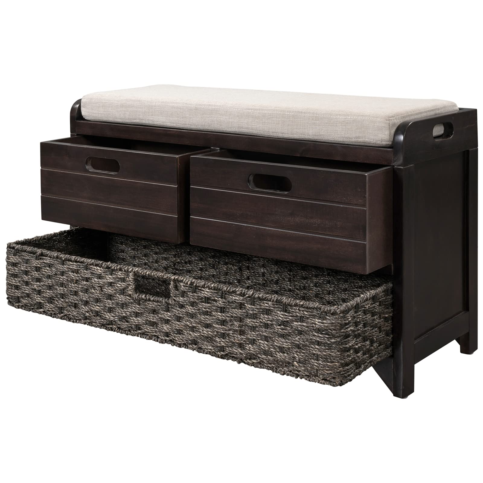 Fderopor 32-inch Storage Bench with Removable Basket & 2 Drawers - Fully Assembled Shoe Cabinet with Cushion - Espresso Hallway Entryway Bench for Living Room, Bedroom, Closet Organization (32