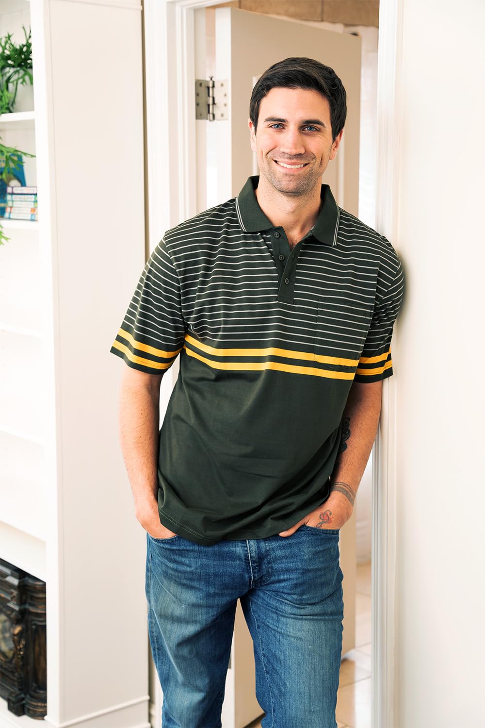 Gioberti Men's Double Striped Contrast Polo Shirt with Pocket - Breathable Yarn-Dyed Cotton - Casual & Business Wear for Office, Golf & Outdoor Activities
