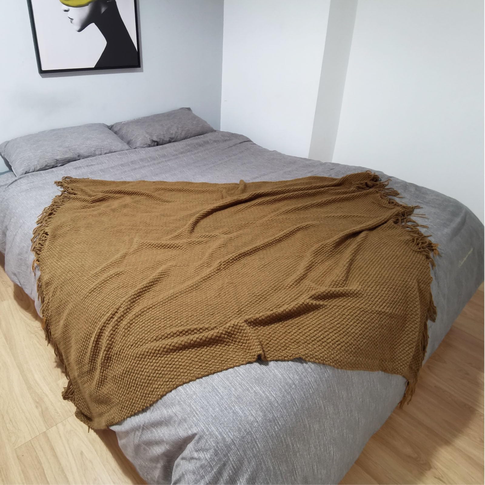 LOMAO Knitted Throw Blanket with Tassels - Soft Bubble Textured Lightweight Blanket for Sofa, Bed & Couch - Perfect for Home Decor, Living Room & Gift (Khaki, 60x80 Inches) - Cozy for Winter Nights, Movie Time & Relaxation
