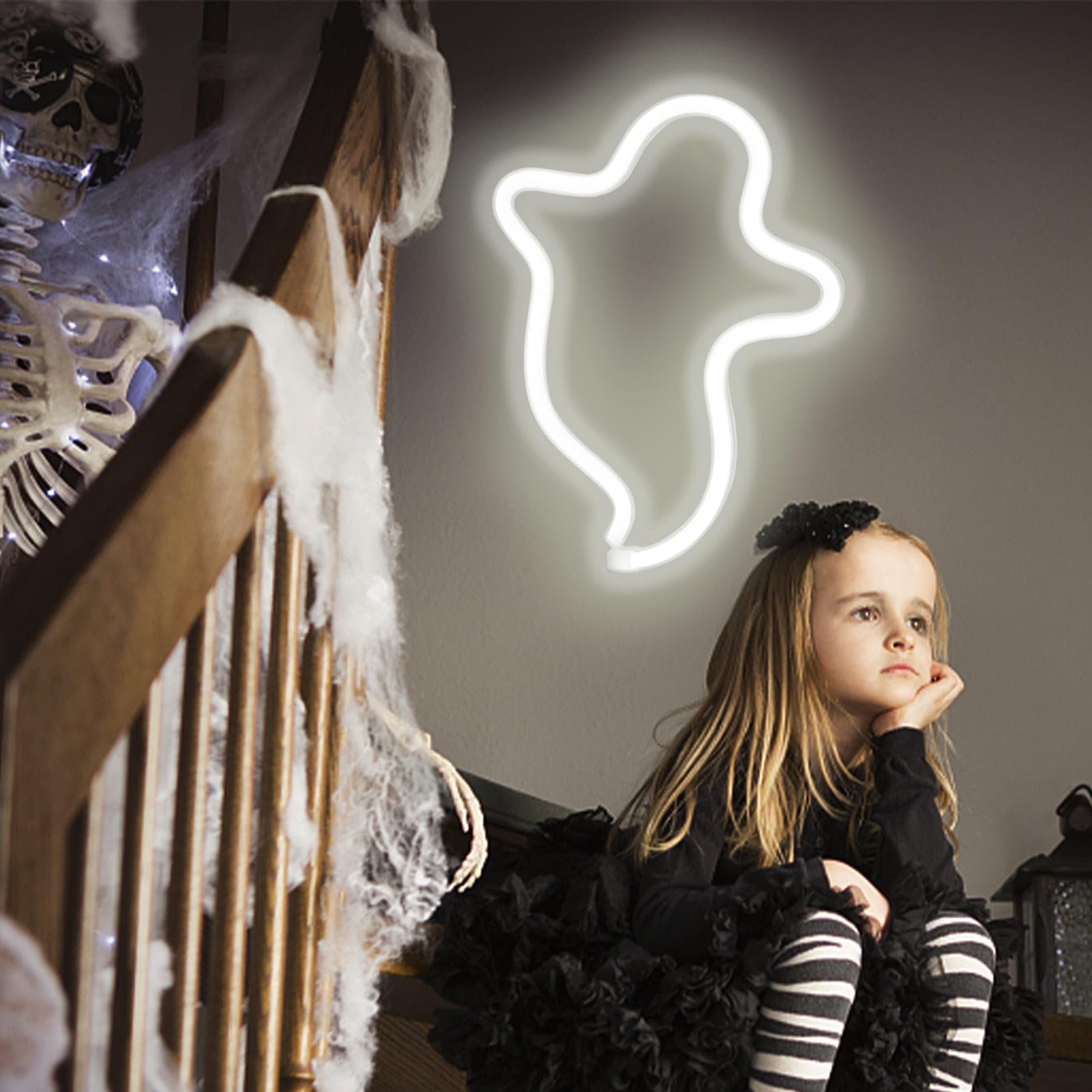 BRIGHTDECK 2 Pack Halloween Neon Signs - White Ghost & Blue Bat Full Moon LED Decor | USB/Battery Powered Wall Art for Halloween Party, Bedroom, Living Room, Bar | Spooky Home Decor & Kids Gift for Trick-or-Treating