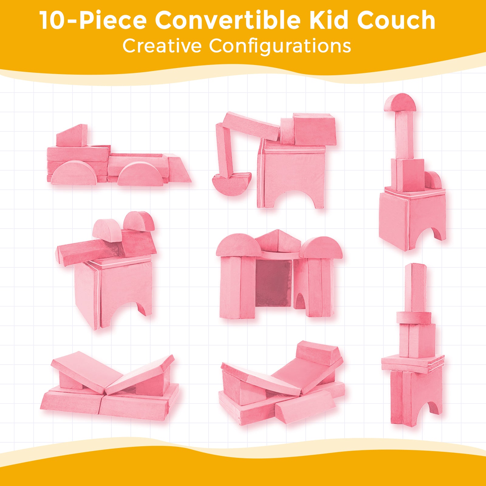 MAXYOYO 10-Piece Modular Convertible Kids Play Couch Sofa Set with Removable Soft Velvet Covers - Pink | Playroom Furniture for Toddlers & Children | Perfect for Playtime, Reading Nook & Sleepovers