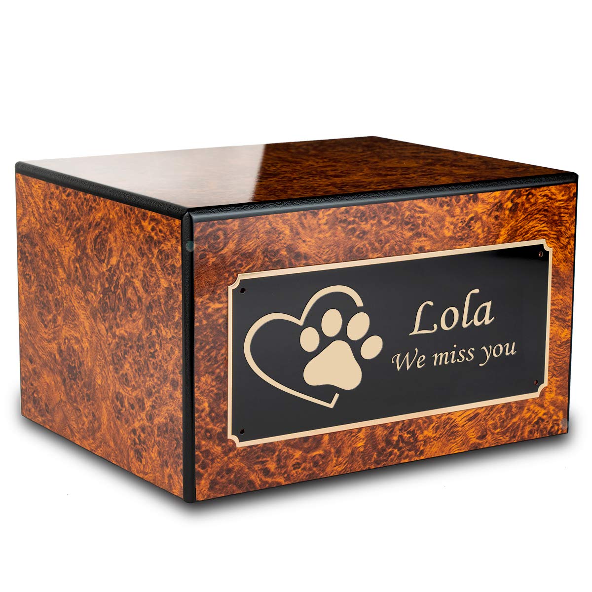 Custom Engraved Heritage Burl Large Pet Cremation Urn - Memorial Box for Ashes with Single Paw Heart Design - Perfect for Honoring Beloved Dogs & Cats at Home