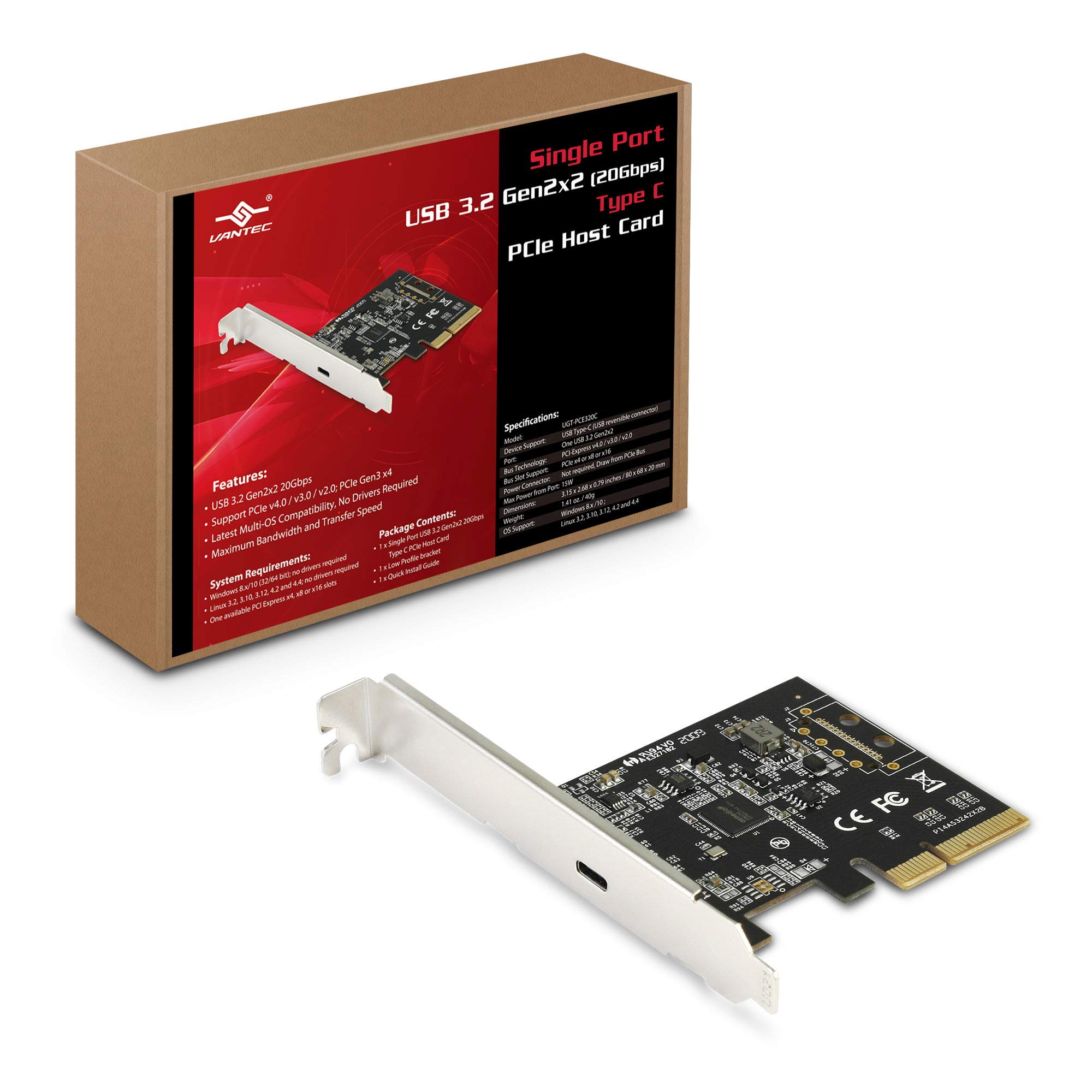 Vantex USB 3.2 Gen 2x2 PCIe Card - 20Gbps Type C Single Port Host Adapter (UGT-PCE320C) for High-Speed Data Transfer, Gaming & Video Editing