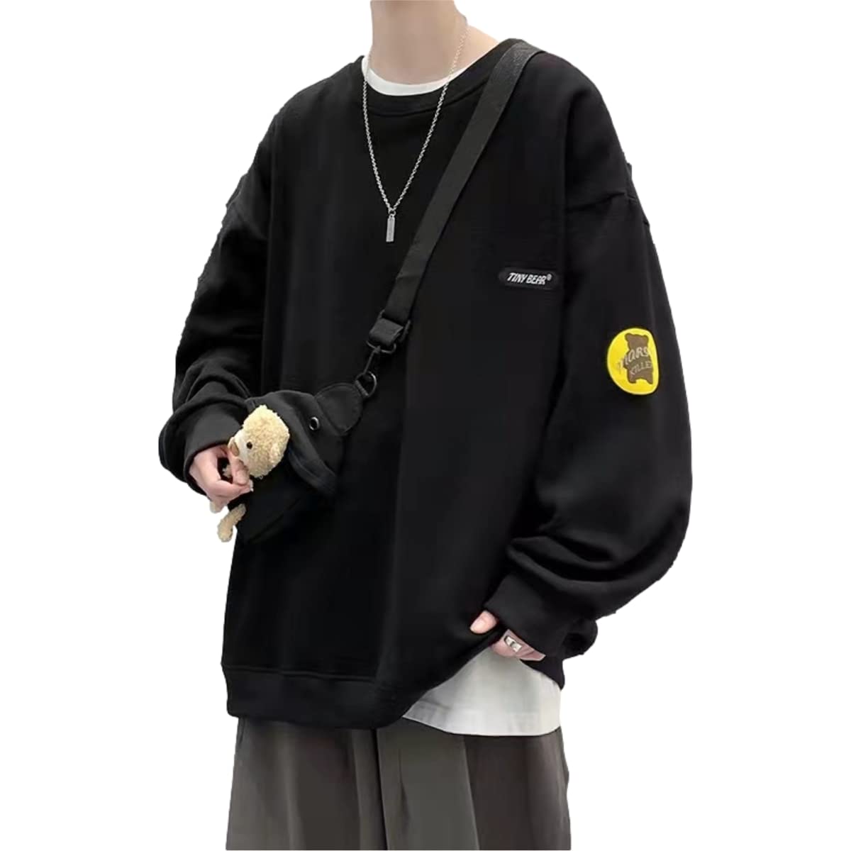 KCLOT Men's Long Sleeve Oversized Pullover Sweatshirt with Teddy Bear Bag - Cozy Winter Casual Wear for Street Style & Gift Giving