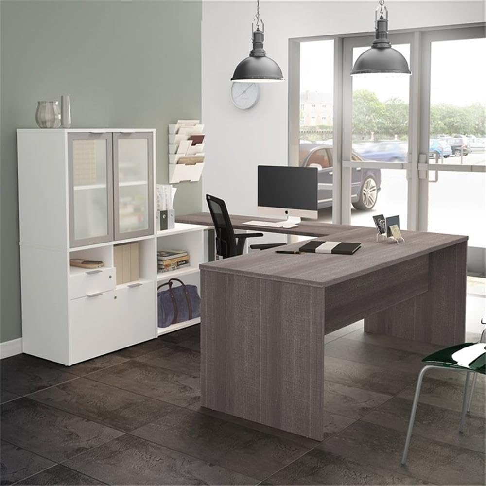 Modern U-Shaped Wooden Computer Desk with Hutch in Gray & White - Home Office, Gaming & Study Workstation - Space-Saving Design for Small Rooms