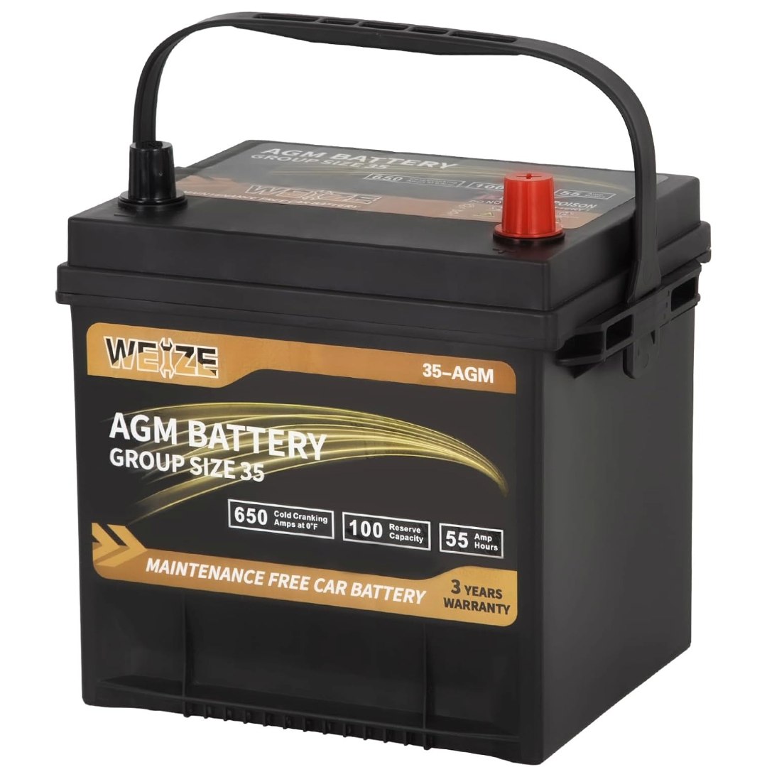 WEIZE Wise Series Group 35 AGM Car Battery - 12V 55Ah 650CCA Automotive Replacement Battery for Cars, Trucks & SUVs - Reliable Cold Cranking Power for All Weather Conditions