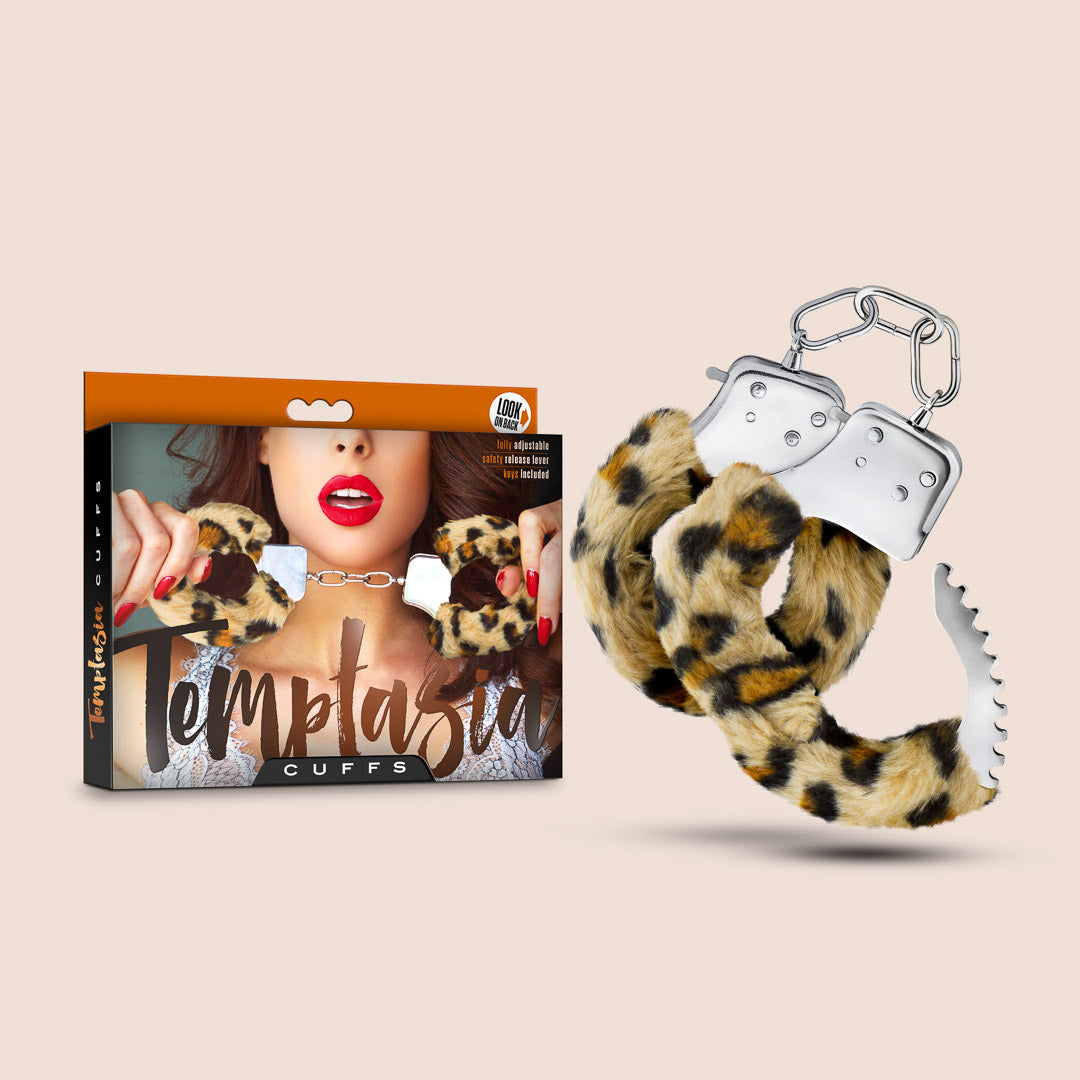 Temptasia Fluffy Leopard Print Handcuffs - Soft Faux Fur Cuffs for Couples, Role Play, Bachelorette Parties & Spicy Bedroom Fun