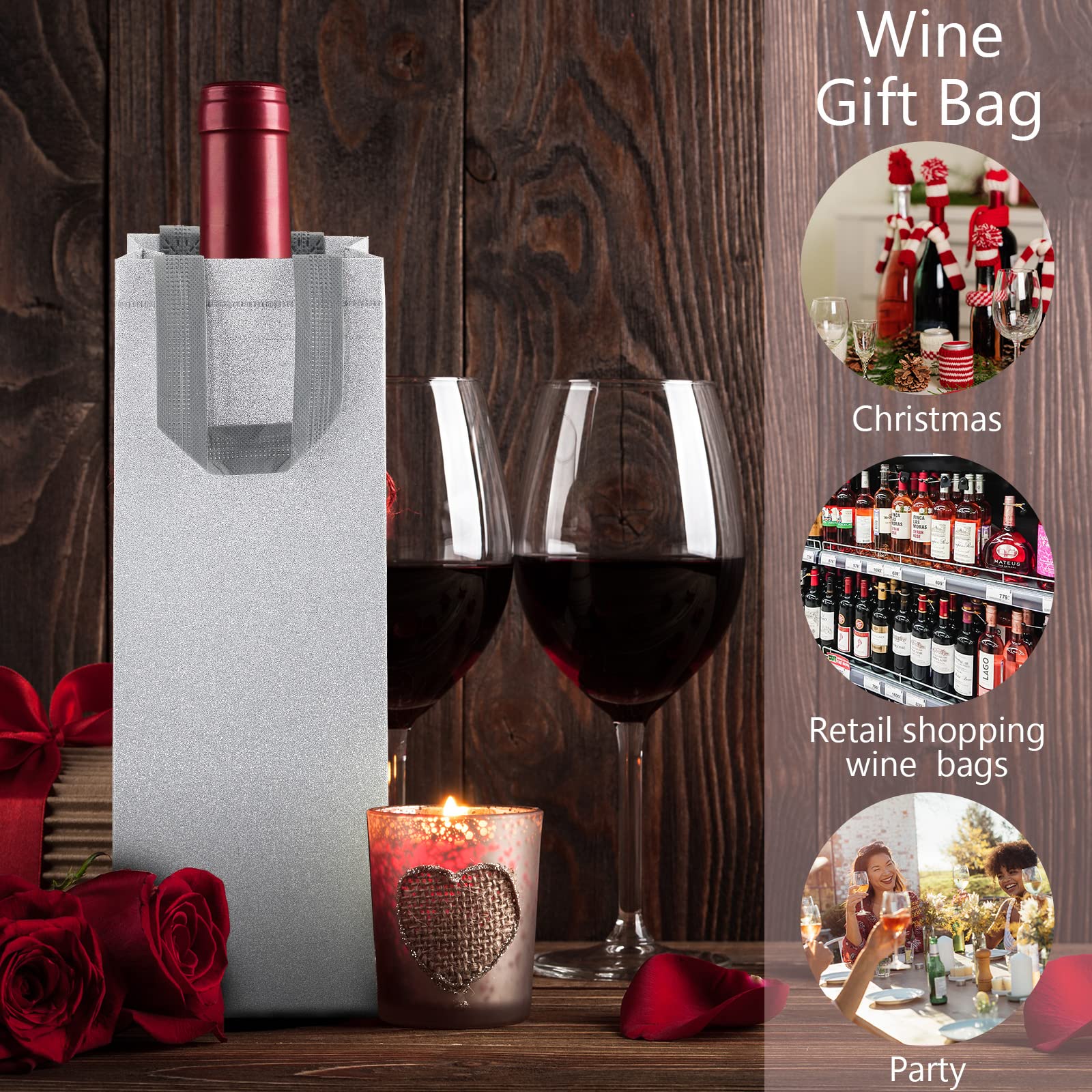 Woanger 48 Pcs Reusable Metallic Glitter Wine Gift Bags with Handles - Non Woven Bottle Bags for Holiday Gifts, Wedding Favors, Housewarming Parties & Special Occasions | Perfect for Christmas, Anniversary & Birthday Celebrations
