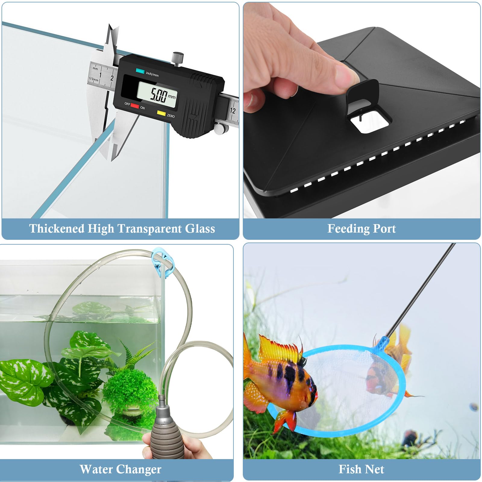 FEDOUR 1 Gallon Small Glass Aquarium Tank - Desktop Betta Fish Bowl with LED Light, Air Pump, Water Changer & Fish Net - Complete Mini Aquarium Starter Kit for Home/Office Decor (Black) | Perfect for Betta Fish, Shrimp or Small Aquatic Plants in Bedroom, Living Room or Workspace