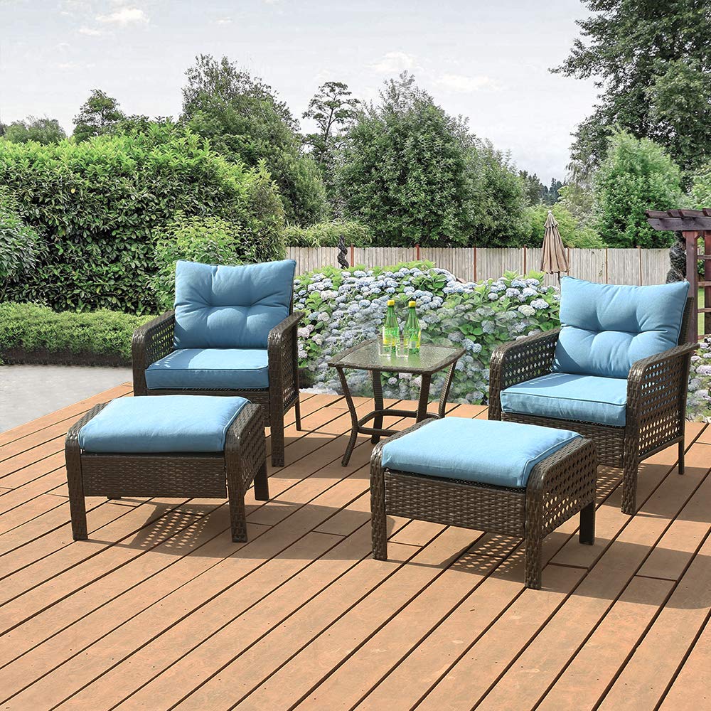 5-Piece Wicker Patio Furniture Set - Outdoor Sectional Sofa with Cushions & Glass Table, Washable Rattan Conversation Set for Garden, Balcony, Backyard (Blue) - Perfect for Outdoor Entertaining & Relaxation