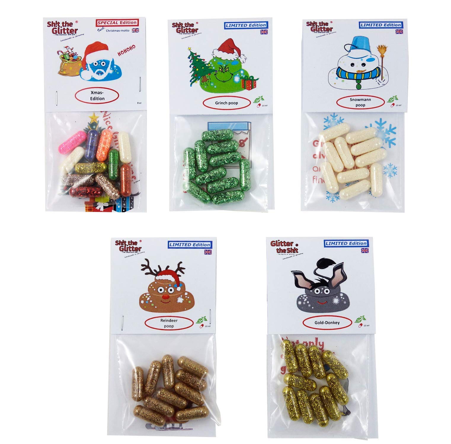 Shit the Glitter® - Christmas Novelty Gift Set (Snowman Poop, Reindeer Poop, Grinch Poop, Donkey Poop) - Funny Joke Item, Secret Santa Gift, Glamorous Present with Glitter Pills - Original Humorous Gag Gift for Christmas Parties & Office Exchanges