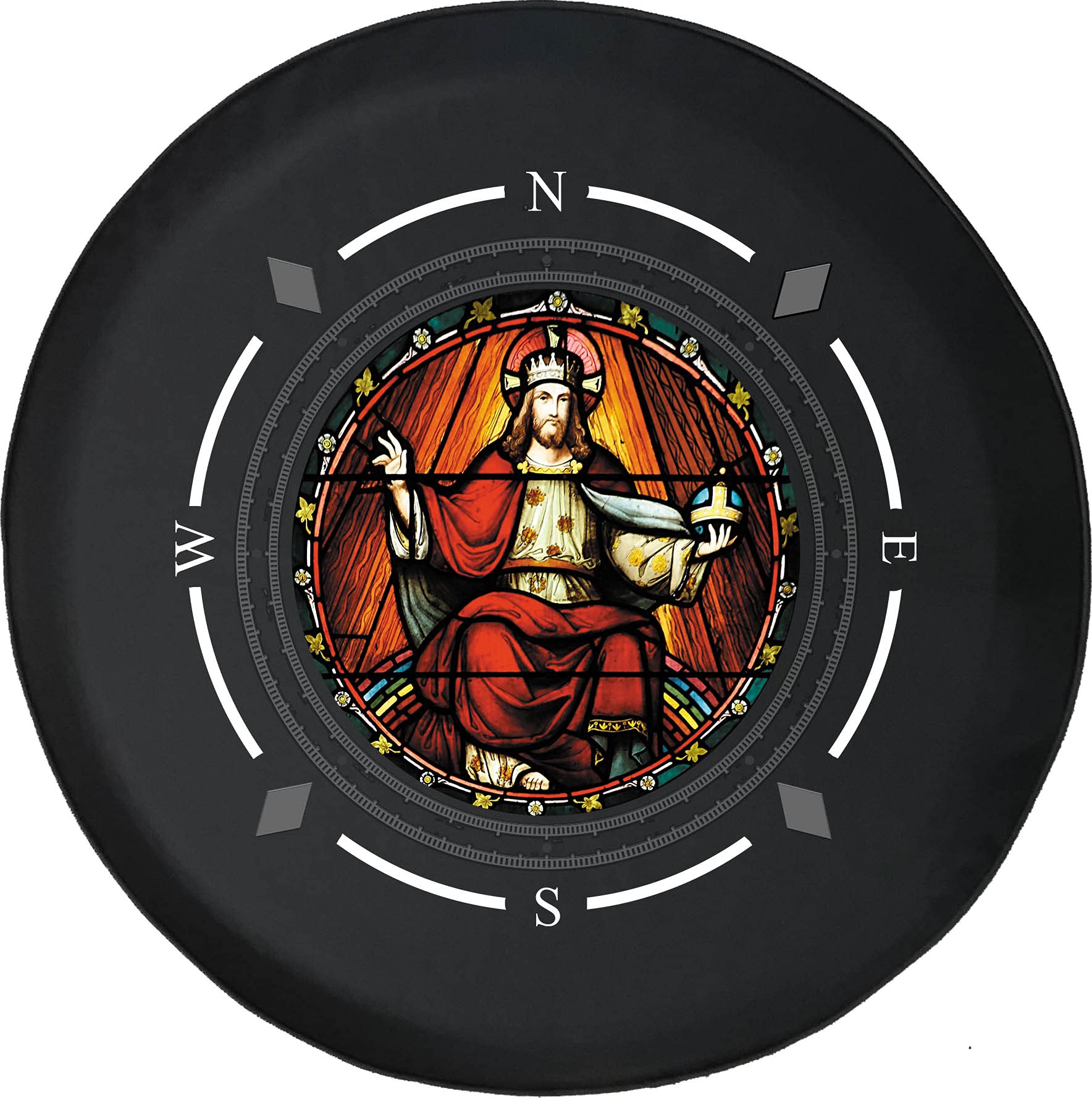American Unlimited Spare Tire Cover with Compass & Church Window Design - Saint King John Bible Theme - Universal Fit for SUV, Trailer, RV & Most Vehicles - Waterproof & UV Resistant for Outdoor Adventures, Camping & Road Trips