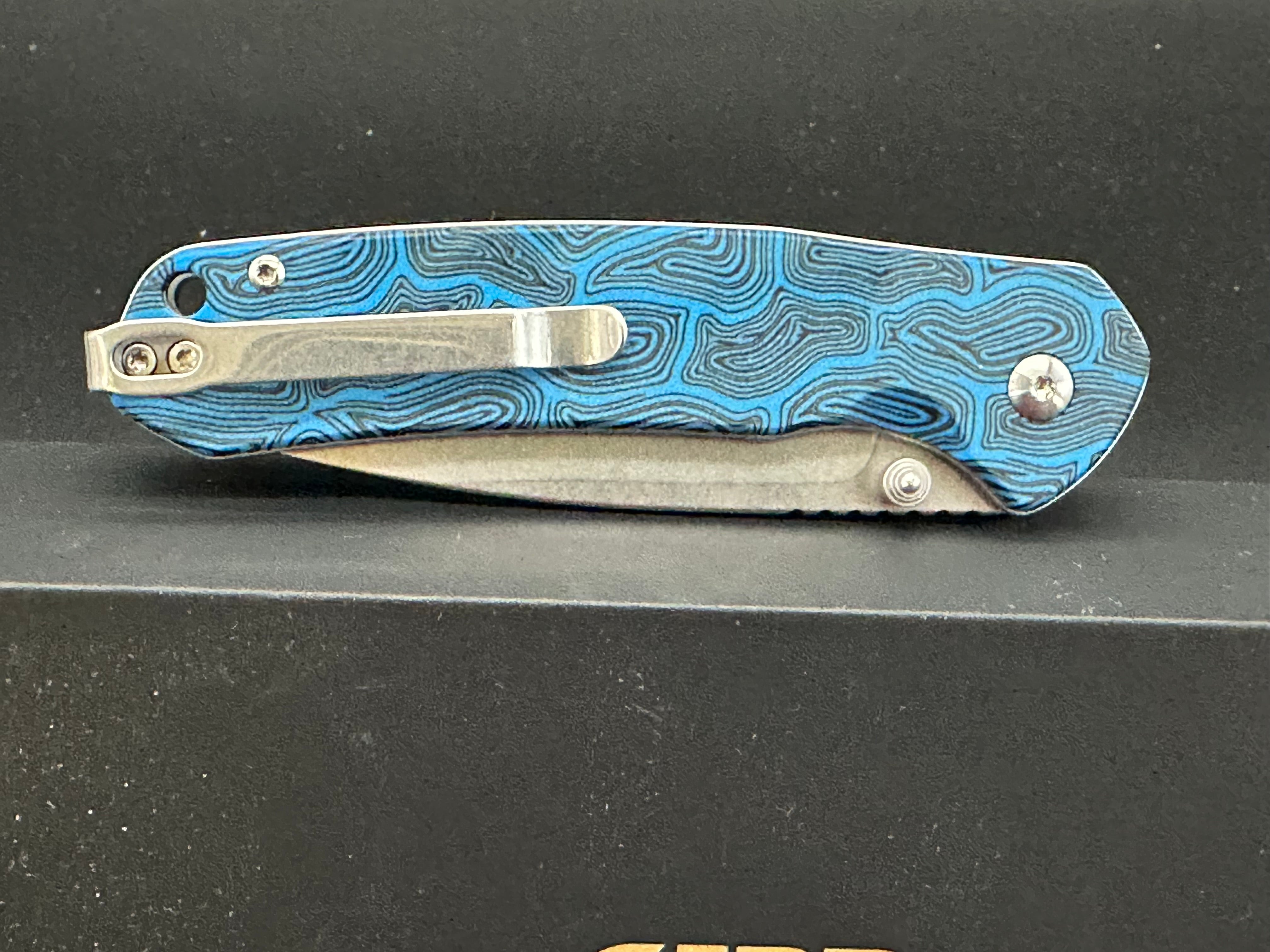 CJRB Pyrite Folding Knife - Black & Blue Damascus Steel EDC Pocket Knife for Outdoor Camping, Hiking, and Everyday Carry