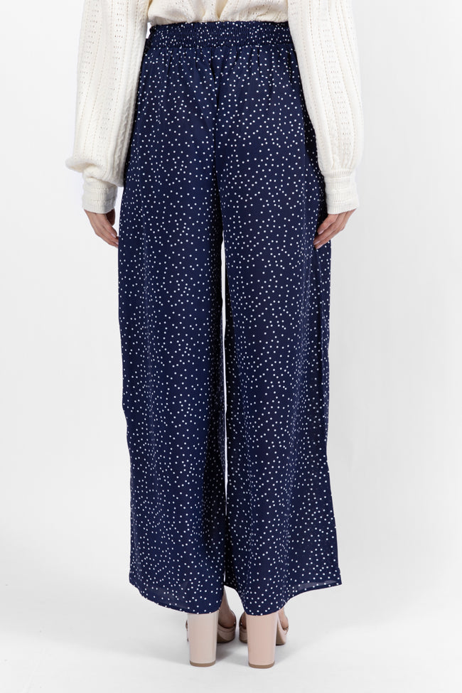 Over The Blues Navy Polka Dot Belted Wide Leg Pants for Women - High Waisted Comfortable Lounge & Office Pants - Perfect for Casual Wear, Work Outfits and Relaxing at Home