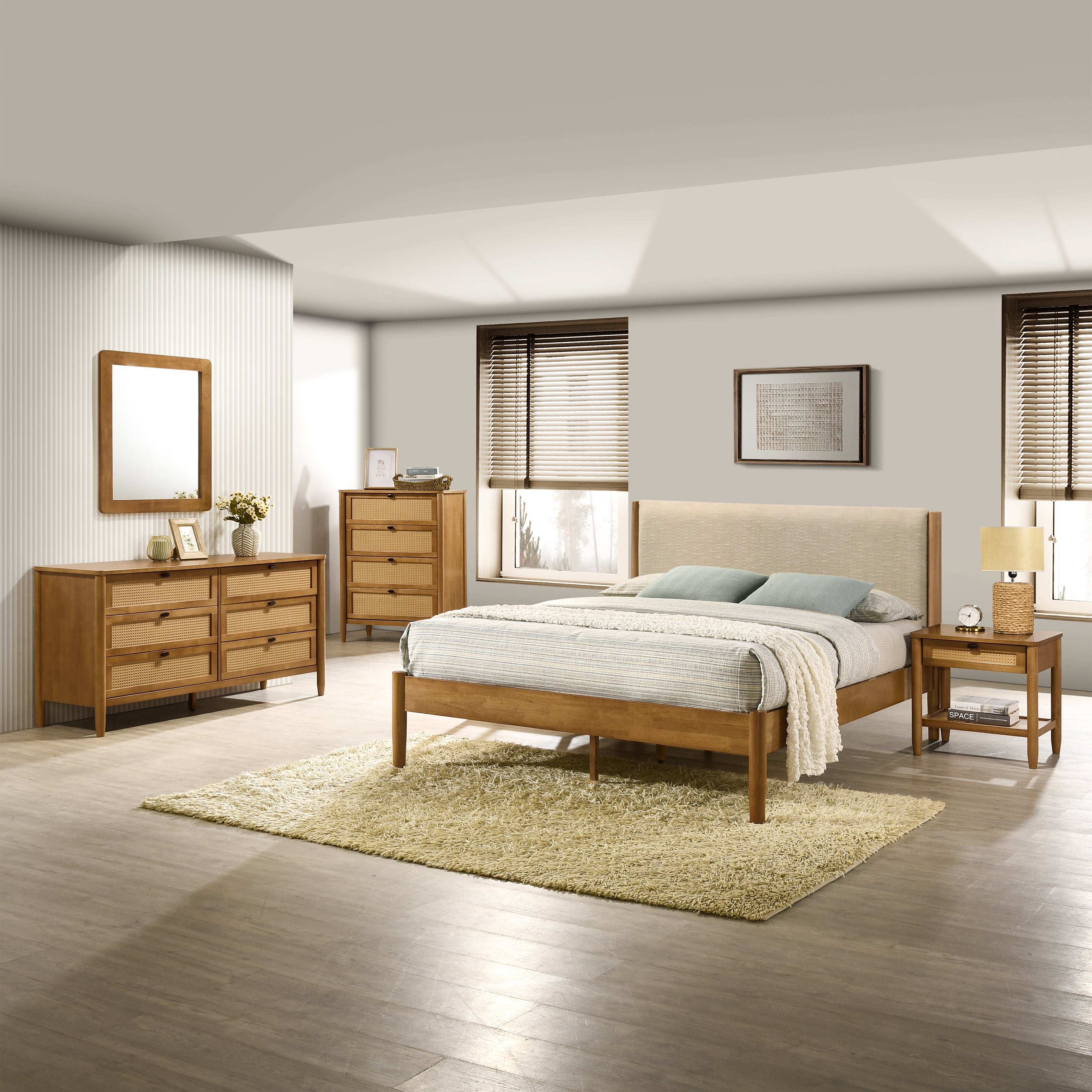 Roundhill Furniture Vichy 5-Piece Rubberwood Bedroom Set with Upholstered Queen Bed, Dresser, Mirror, Nightstand & Chest - Complete Bedroom Furniture for Master Bedroom, Guest Room or Apartment