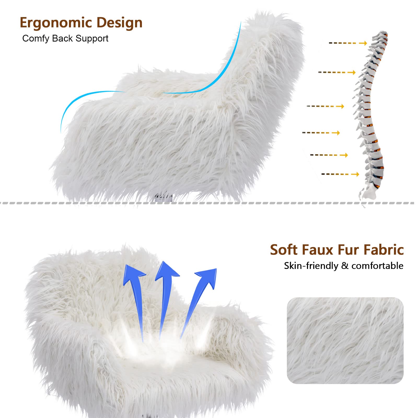 White Faux Fur Swivel Desk Chair with Wheels & Adjustable Height - Cute Vanity Chair for Home Office, Gaming, Study & Makeup Station - Chrome Base Accent Chair