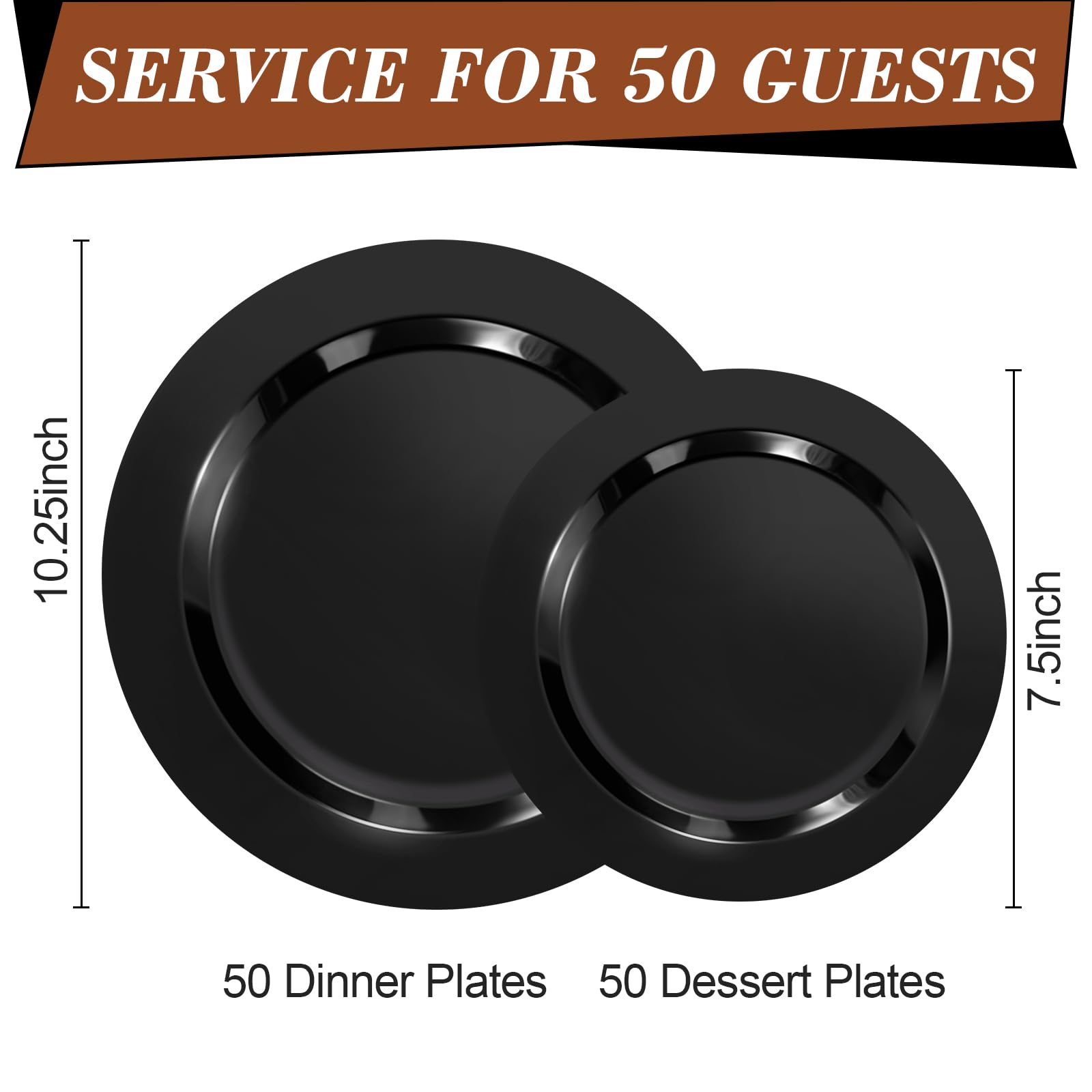 100-Pack Black Disposable Plastic Plates - 50 Dinner Plates (10.25 Inch) & 50 Dessert Plates (7.5 Inch) for Parties, Weddings, Easter Celebrations - Perfect for Large Gatherings and Events