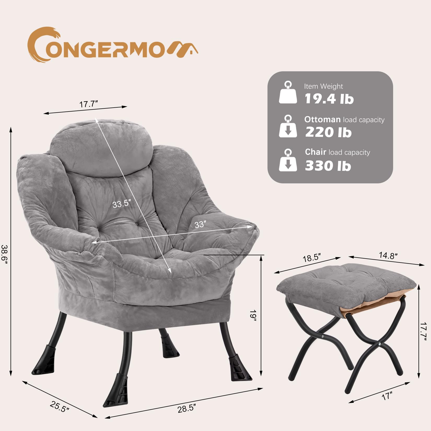 Comfortable Lazy Chair with Folding Ottoman - Soft Fabric Armchair with Armrests & Side Pockets - Reading Chair with Footrest for Living Room, Bedroom, Office (Plush Light Grey) - Perfect for Relaxing, Napping & Watching TV at Home