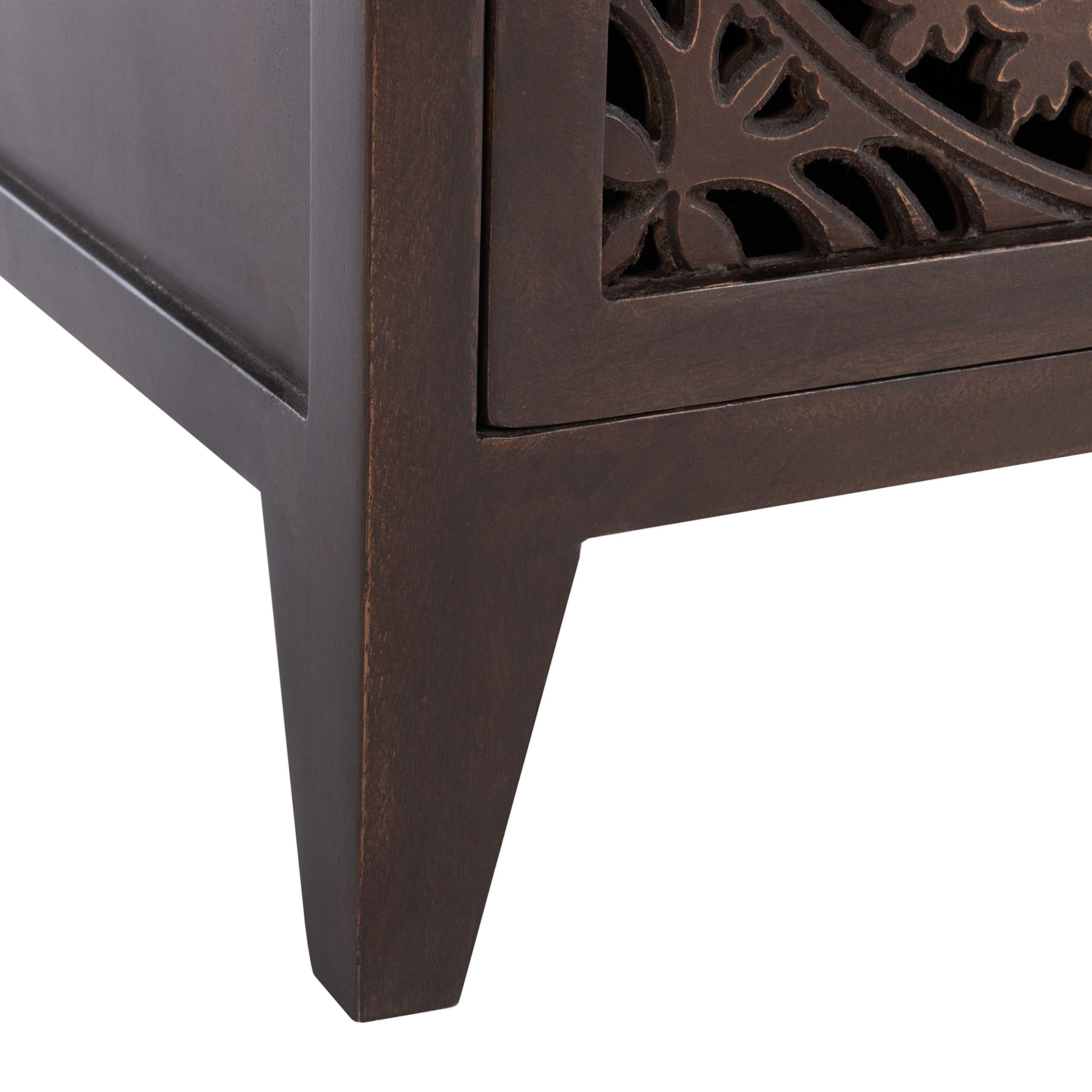 Safavieh Home Thea Brown 1-Door Carved Mandala Nightstand - Stylish Bedside Table for Bedroom Decor with Storage Shelf - Perfect for Small Spaces, Guest Rooms & Apartment Living