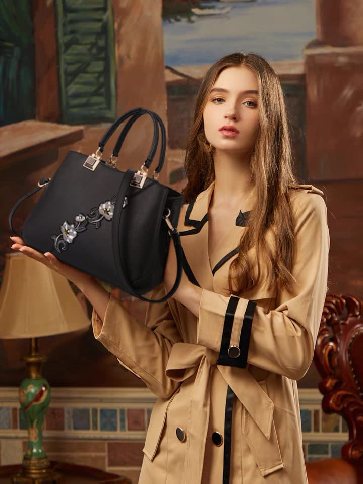 Elegant ELDA Women's Embroidery Top Handle Satchel - Stylish Shoulder Bag, Tote Purse & Messenger Bag for Work, Travel & Daily Use