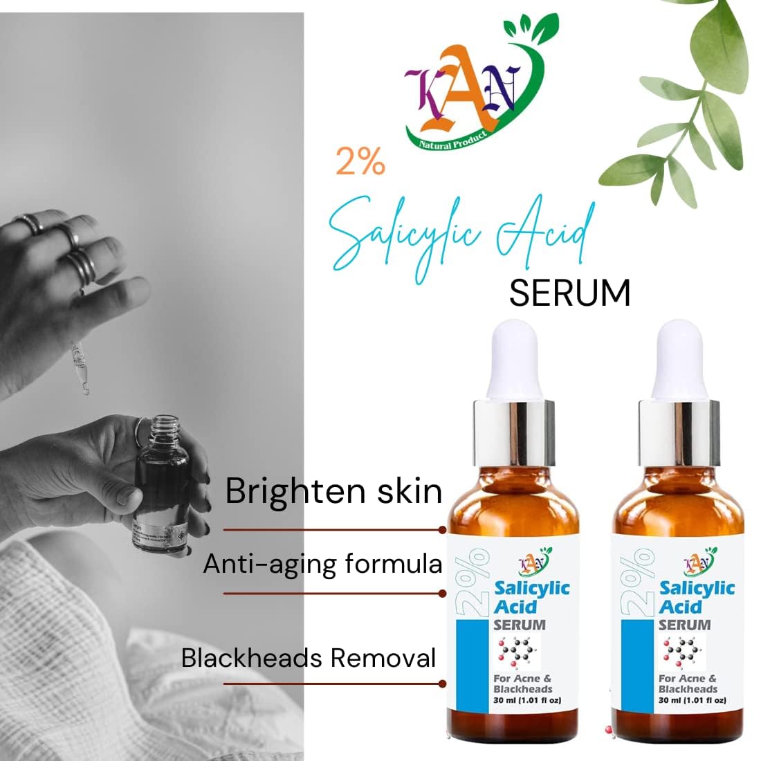 Kan Natural 2% Salicylic Acid Serum for Acne Treatment - BHA Exfoliant for Blackheads, Open Pores & Oily Skin - Reduces Excess Oil & Improves Skin Texture - 30ml (1 Pack) | Best for Daily Skincare Routine & Acne-Prone Skin Care
